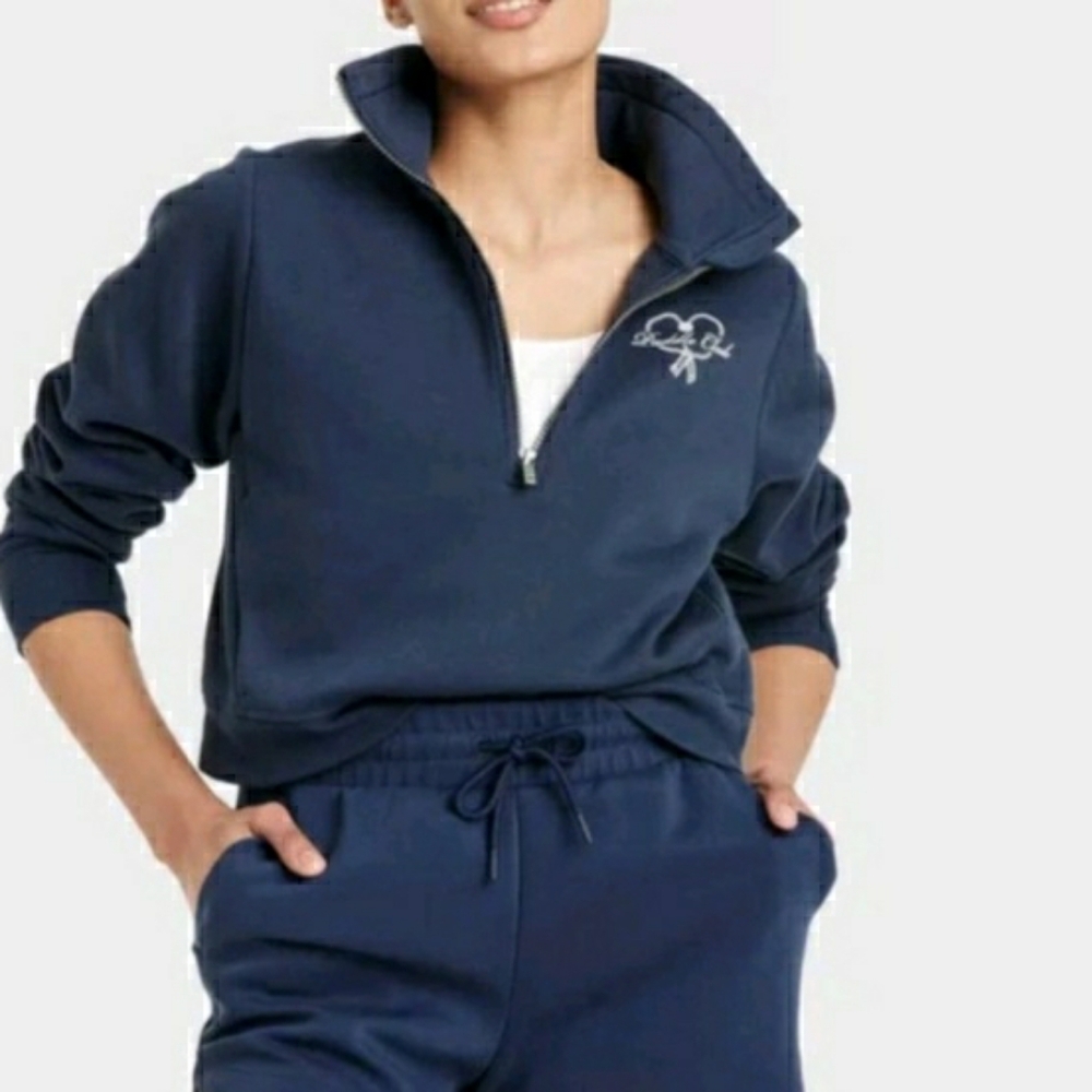 Navy Blue Half-Zip Cropped Boxy Thumbholes Women's Top